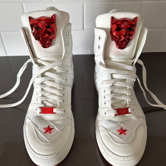 Phillip Plein Luxury White High-Top Sneakers with Red Accents